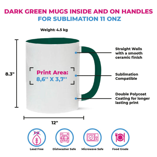 Taza 11 oz blanca de color interno y asa verde oscuro