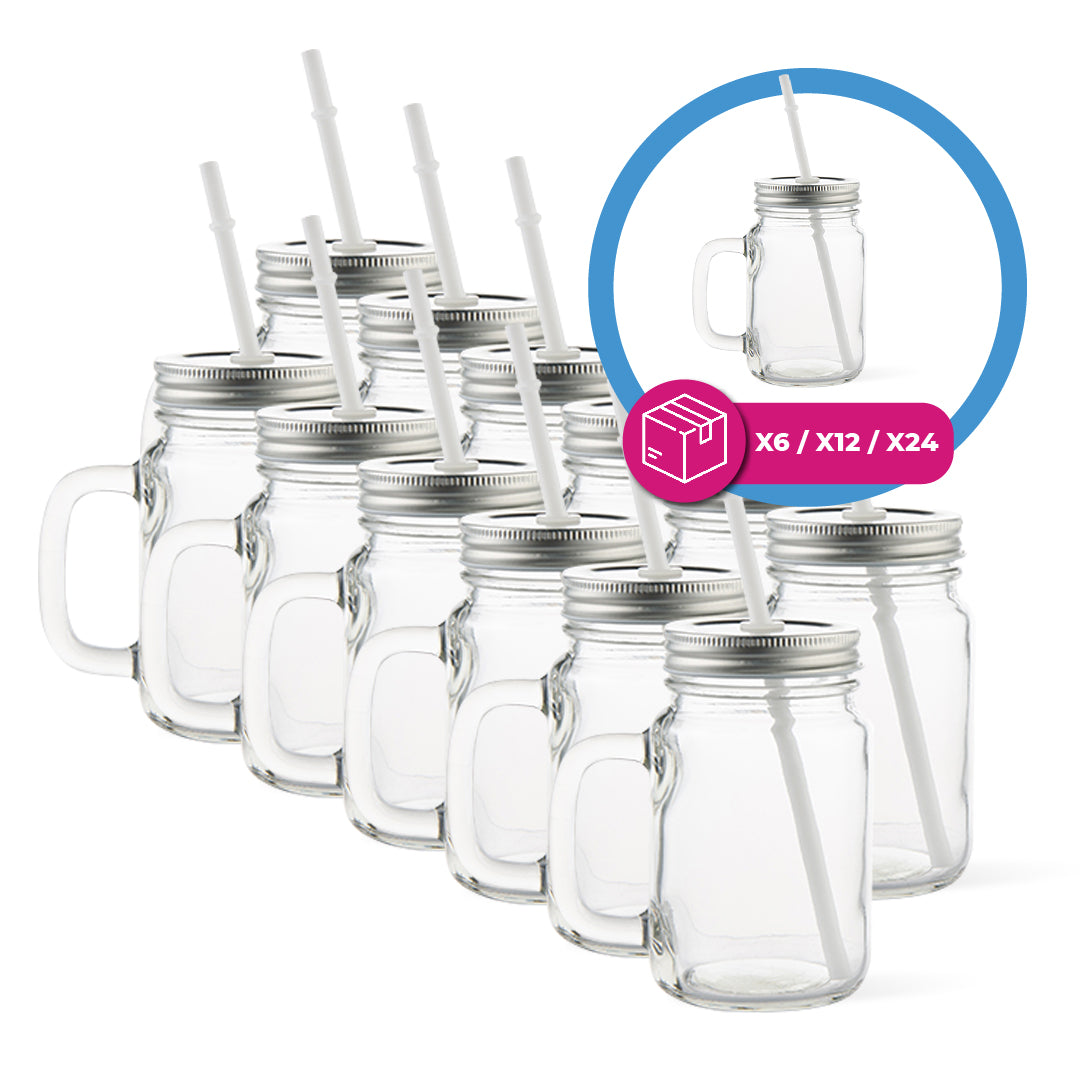 Vaso de vidrio transparente tipo jarra con sorbete 17 oz. Tapa negra o plateada