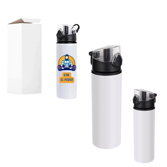 Botella deportiva 750 ml blanca con tapa press botton color negra
