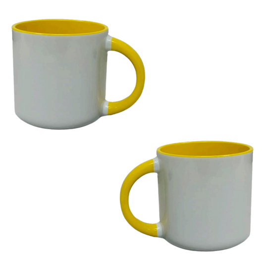 Taza 13 oz round blanca color interno y asa amarilla
