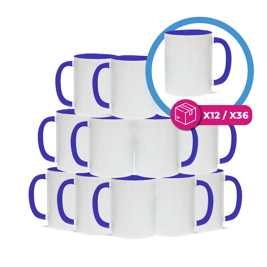 Taza 11 oz blanco de color interior  y asa azul oscuro