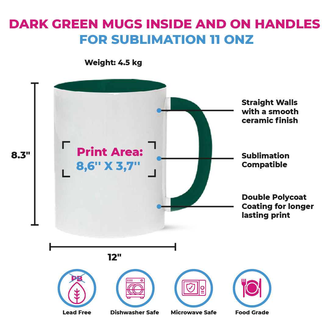 Taza 11 oz blanca de color interno y asa verde oscuro