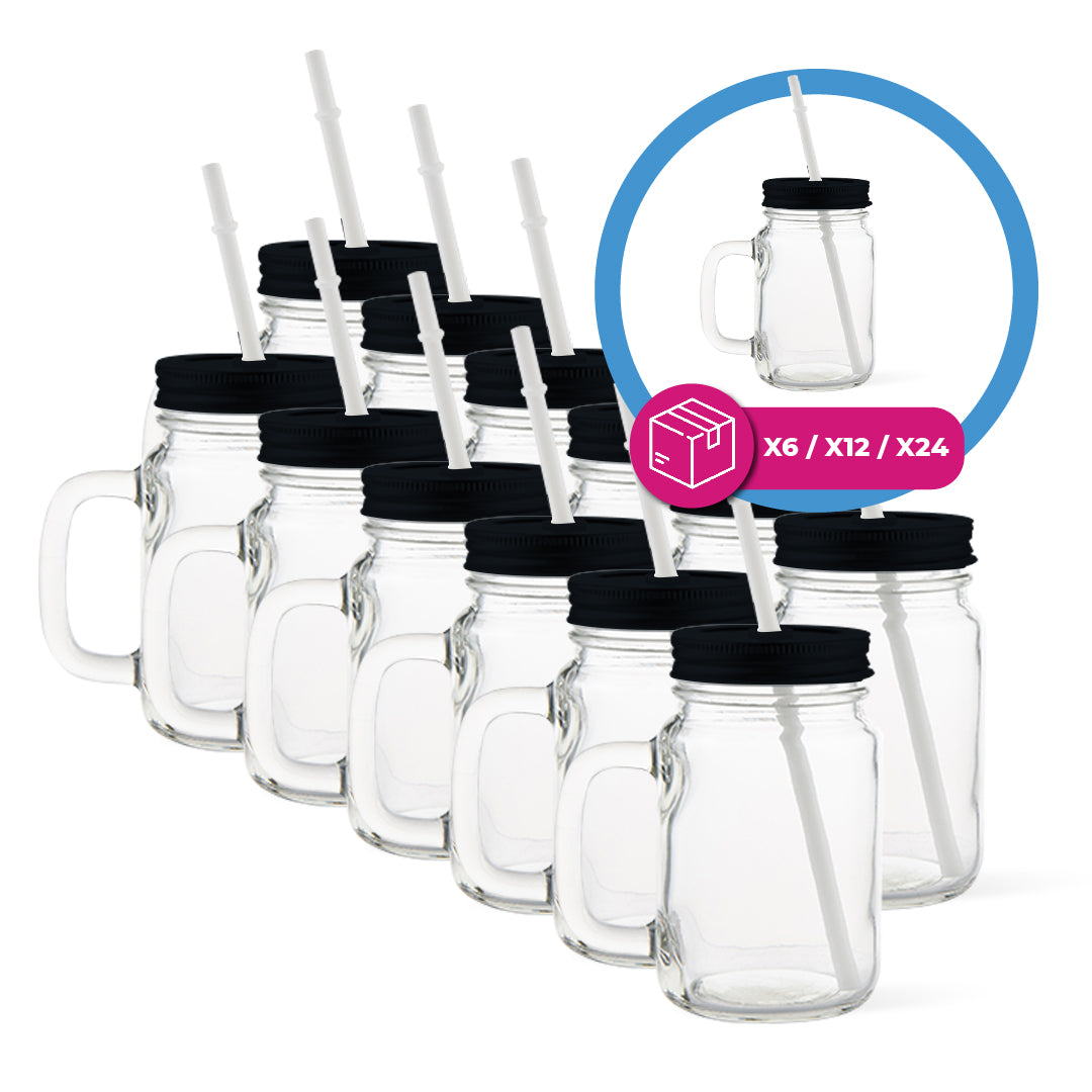 Vaso de vidrio transparente tipo jarra con sorbete 17 oz. Tapa negra o plateada