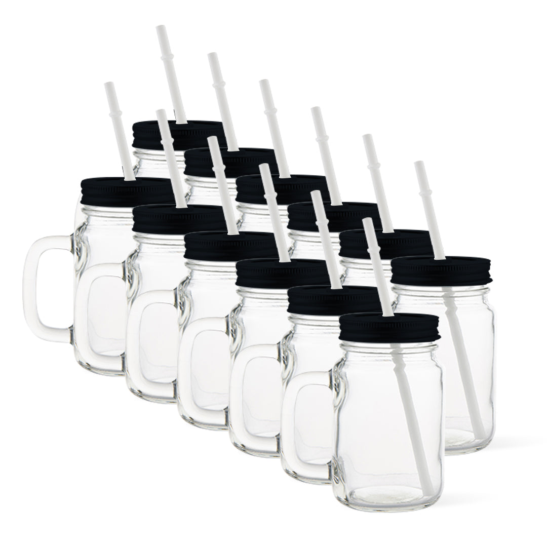 Vaso de vidrio transparente tipo jarra con sorbete 17 oz. Tapa negra o plateada