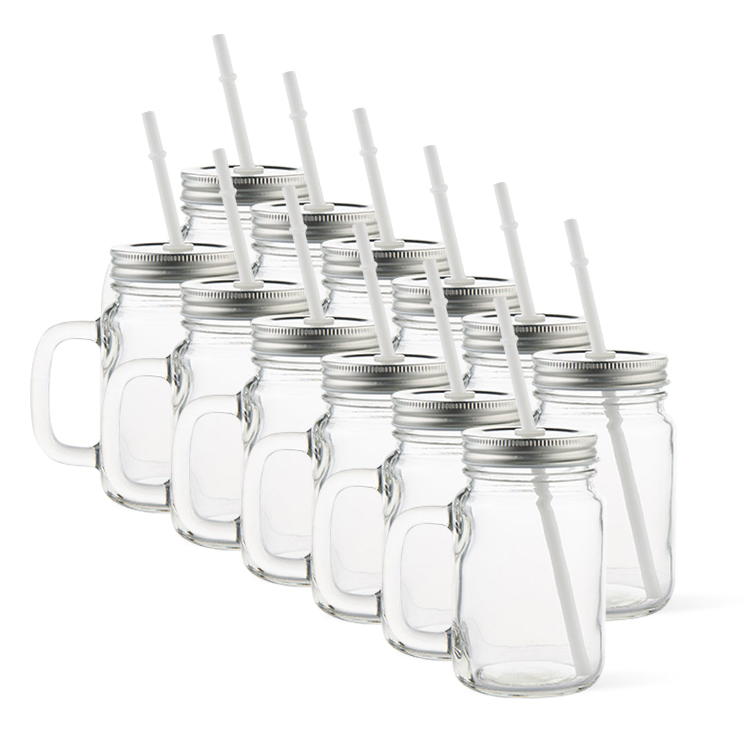 Vaso de vidrio transparente tipo jarra con sorbete 17 oz. Tapa negra o plateada