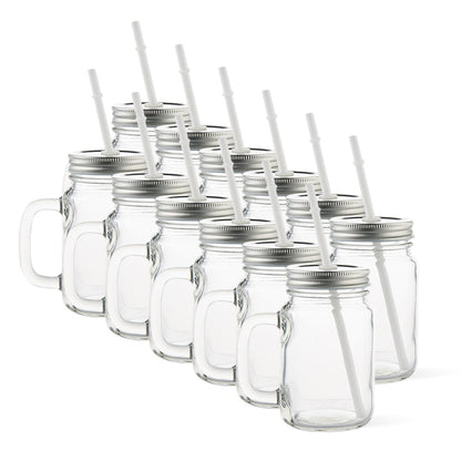 Vaso de vidrio transparente tipo jarra con sorbete 17 oz. Tapa negra o plateada