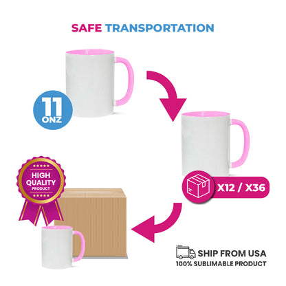 Taza 11 oz blanco de color interior y asa rosado