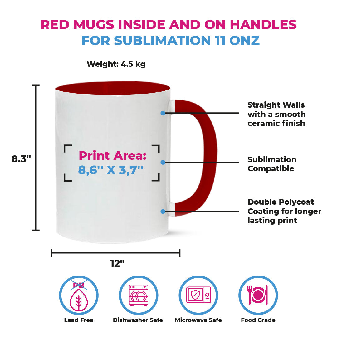 Taza 11 oz blanca de color interno y asa rojo