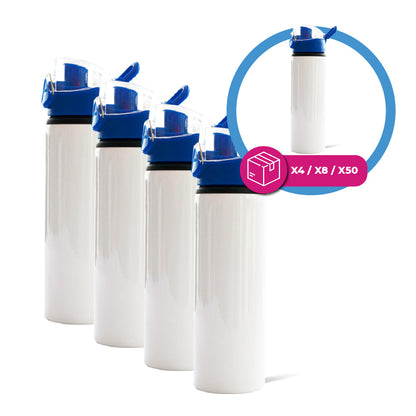 Botella deportiva 750 ml blanca con tapa press botton color azul