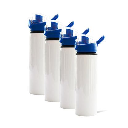 Botella deportiva 750 ml blanca con tapa press botton color azul