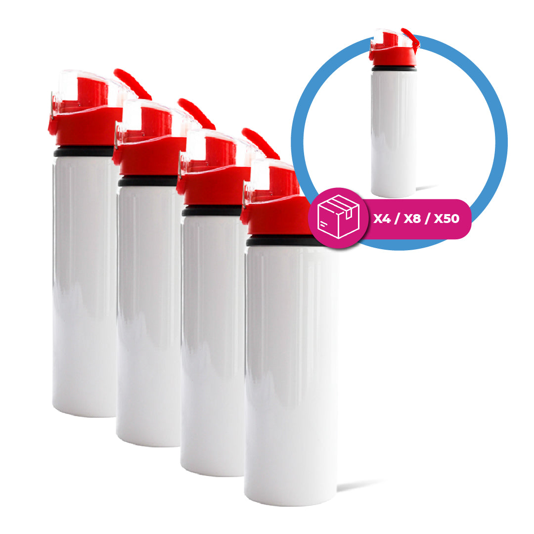 Botella deportiva 750 ml blanca con tapa boton pres color rojo