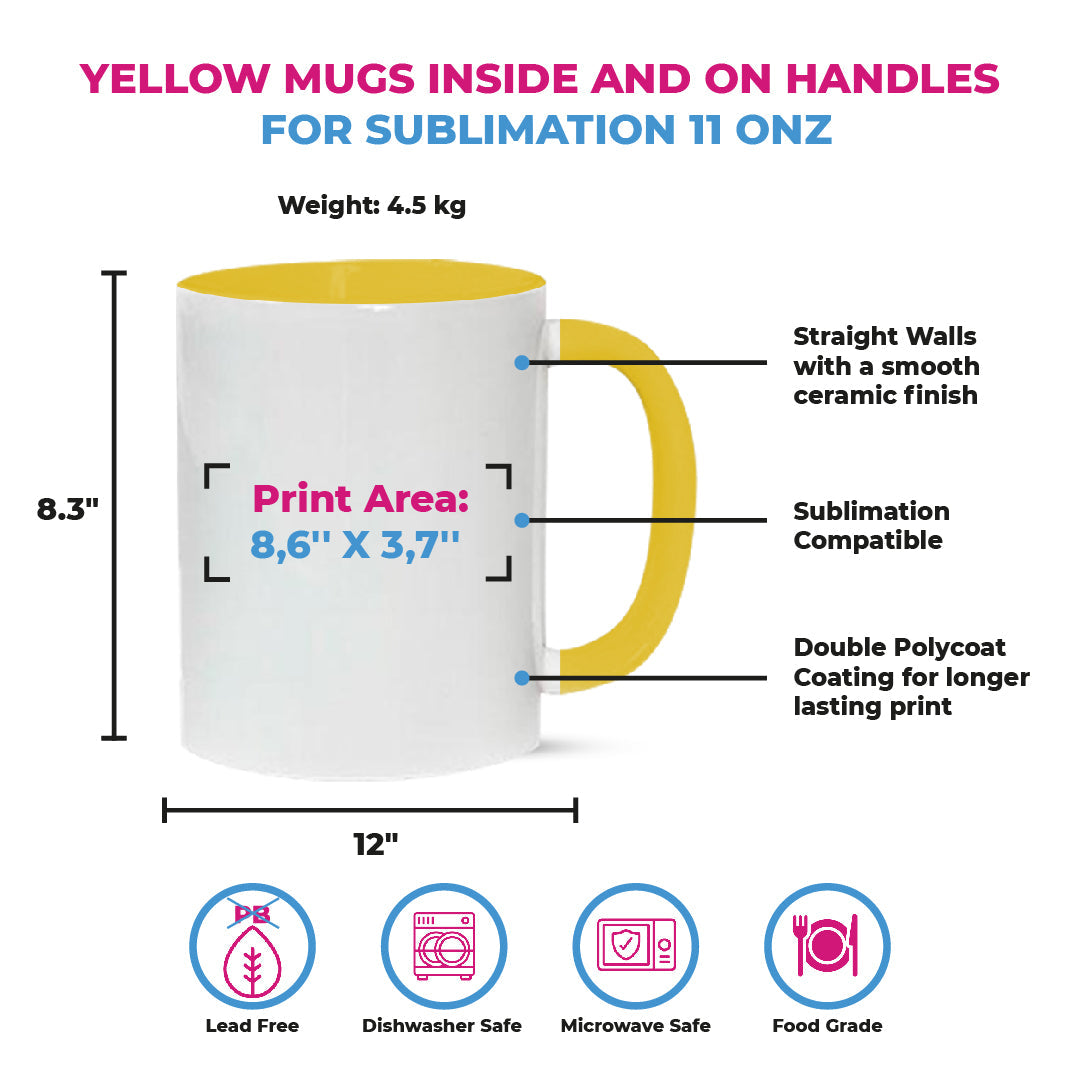 Taza 11 oz blanca de color interno y asa  amarillo