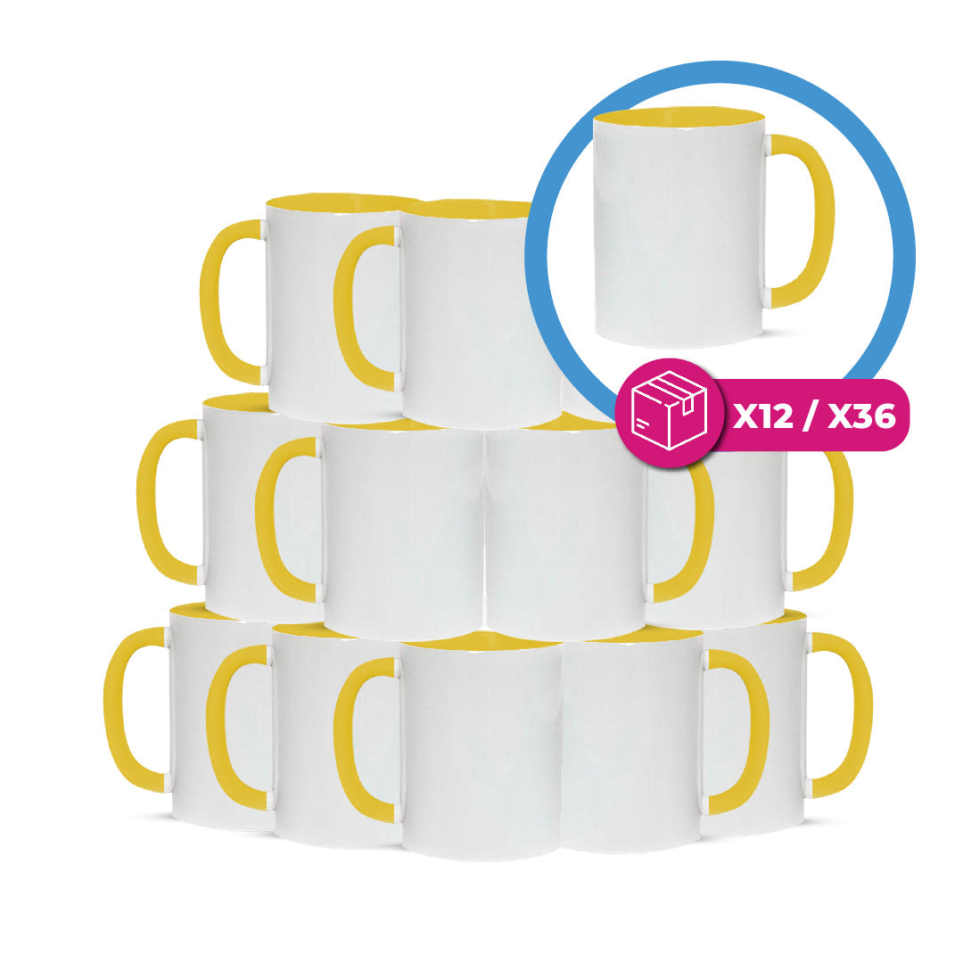 Taza 11 oz blanca de color interno y asa  amarillo