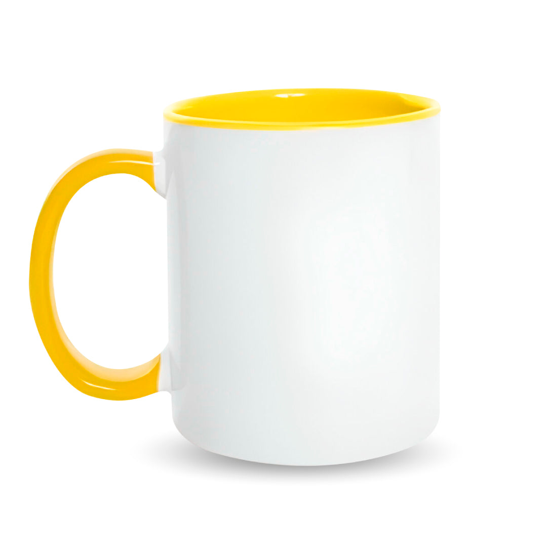 Taza 11 oz blanca de color interno y asa  amarillo