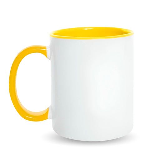 Taza 11 oz blanca de color interno y asa  amarillo