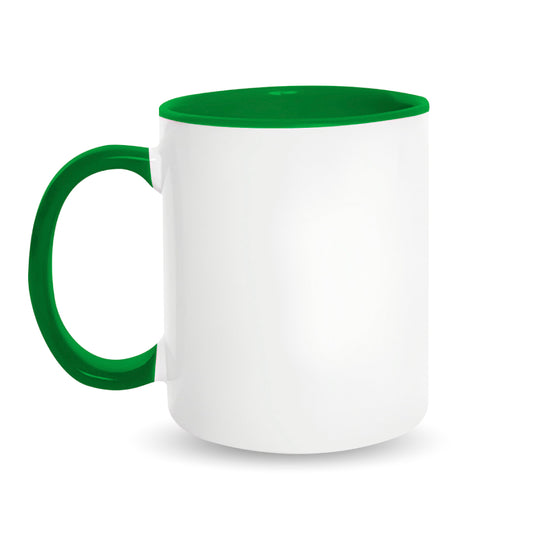 Taza 11 oz blanca de color interno y asa verde oscuro