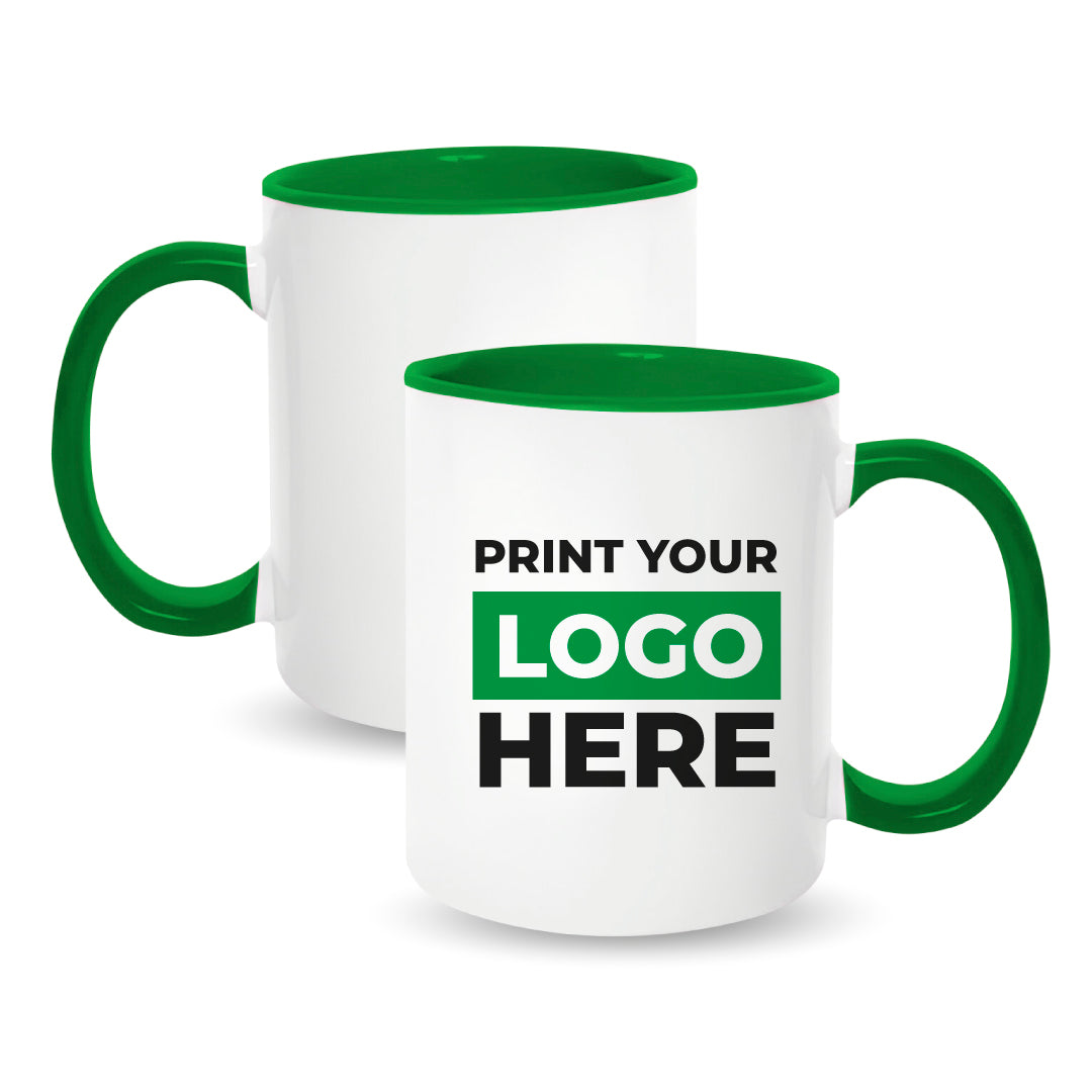 Taza 11 oz blanca de color interno y asa verde oscuro