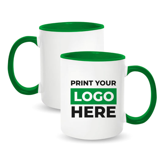 Taza 11 oz blanca de color interno y asa verde oscuro