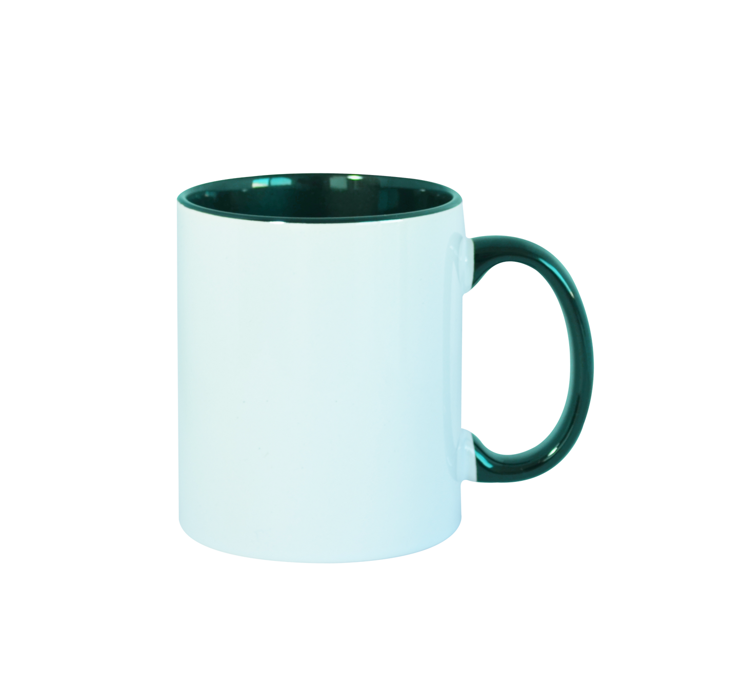 Taza 11 oz blanca de color interno y asa verde oscuro