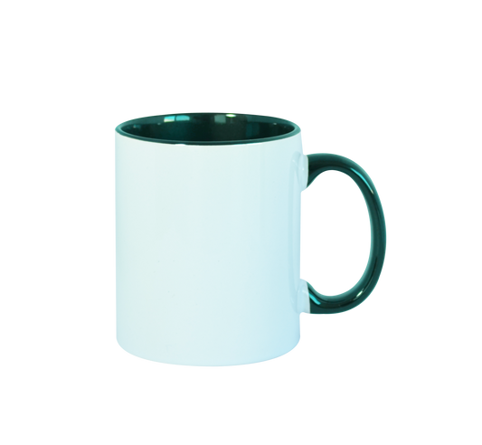 Taza 11 oz blanca de color interno y asa verde oscuro